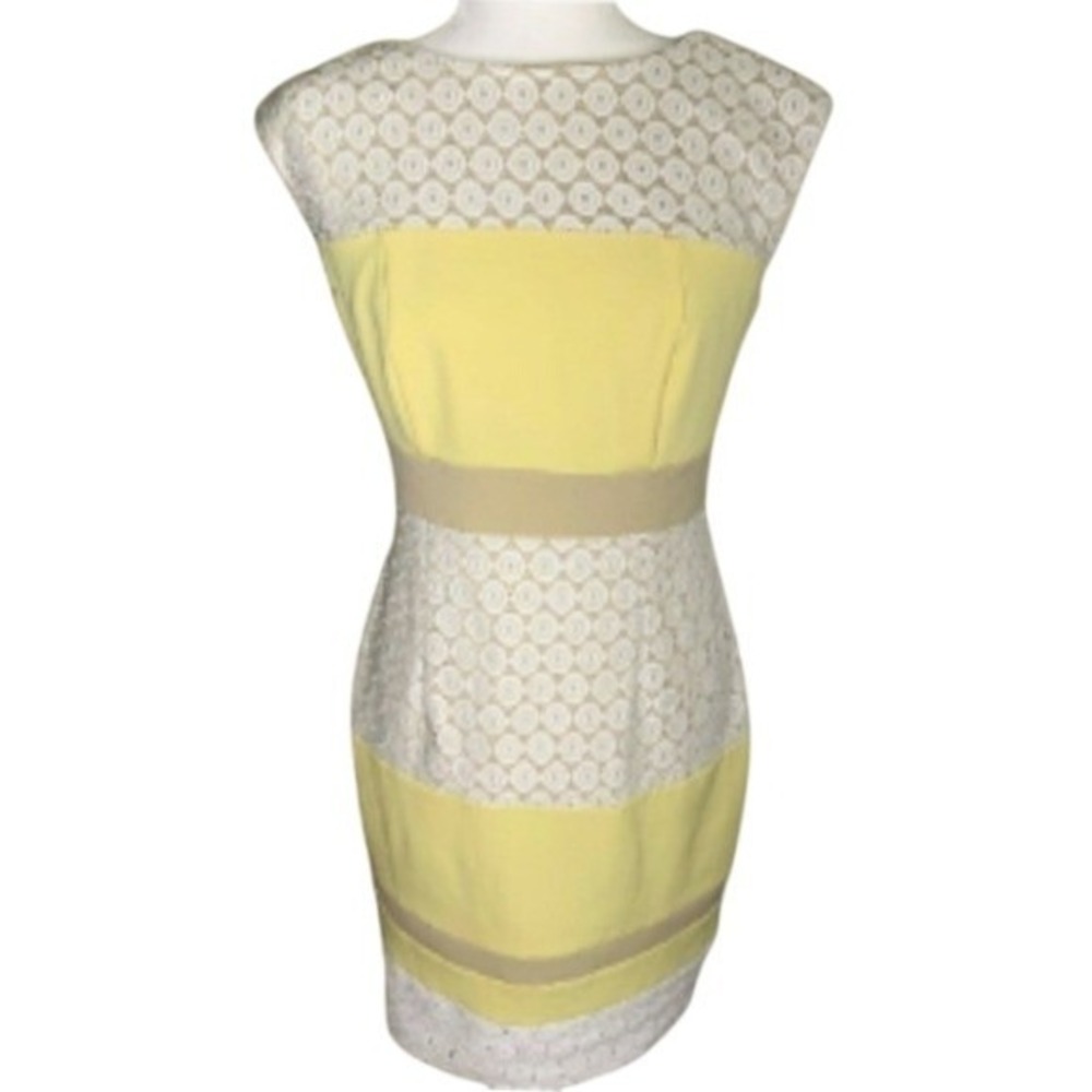 Studio‎ One New York Yellow White Lace Colorblock Sheath Dress Size 6 Sleeveless
